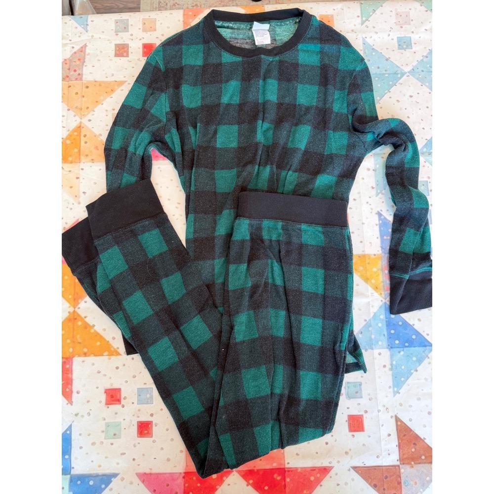Stars Above Green Black Buffalo Plaid Thermal Pajama Set Large Waffle Knit PJ